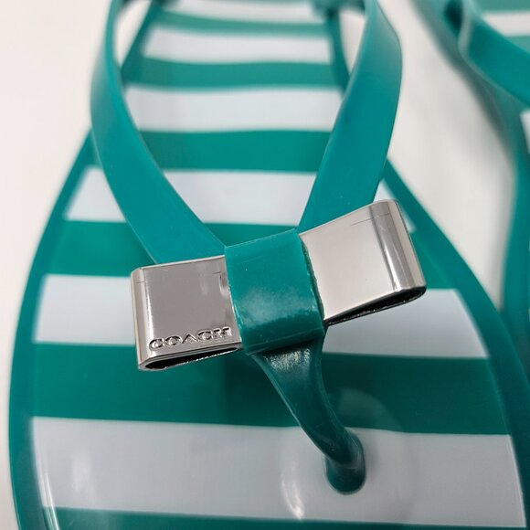 Coach Size 9B Green/White Striped Landon Jelly Flip Flops Thong Sandals Flat Bow - Picture 7 of 11